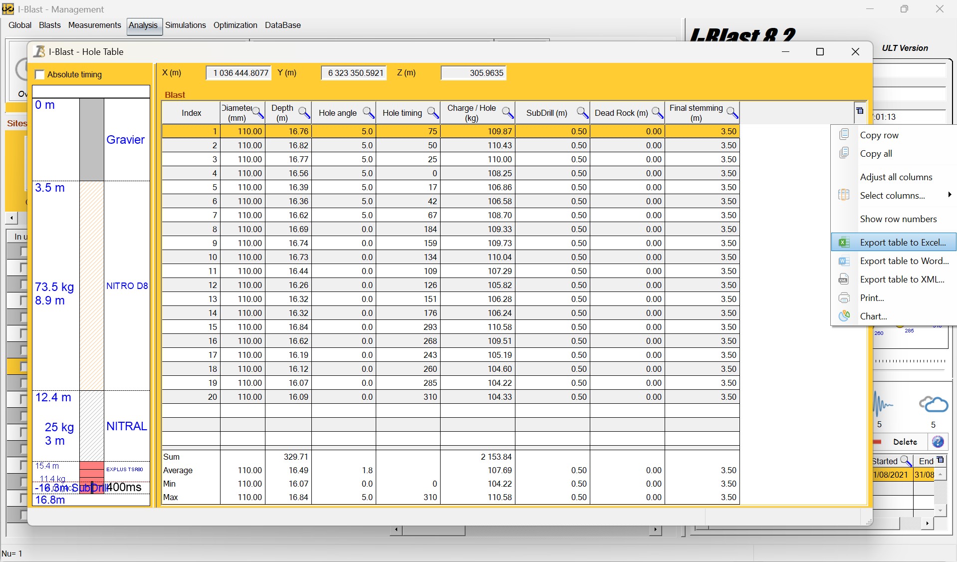 Excel export options