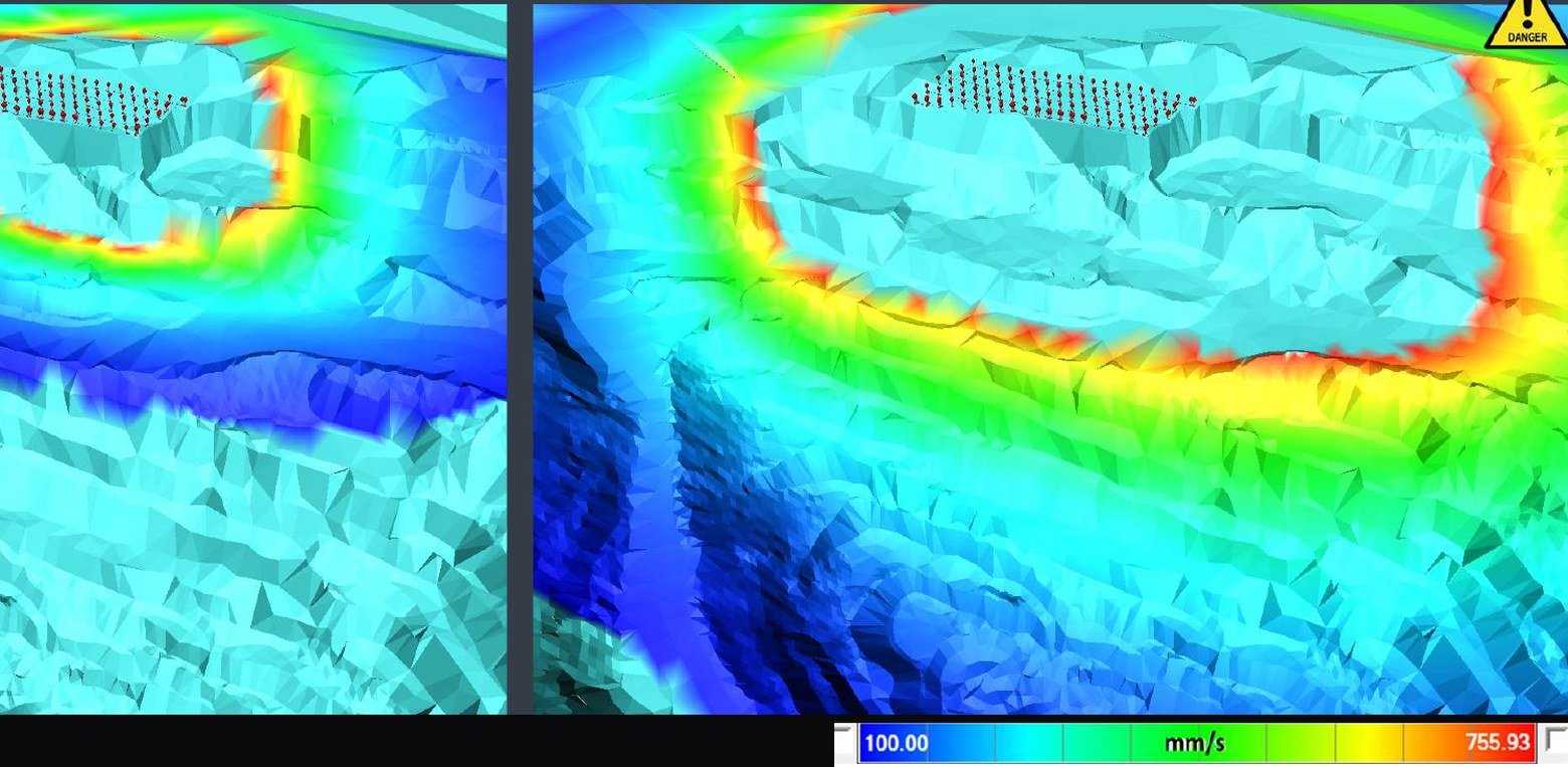 Comparaison de deux cartes de vitesse particulaire sur le nuage de points d'une mine, avec et sans optimisation de la séquence par I-Blast